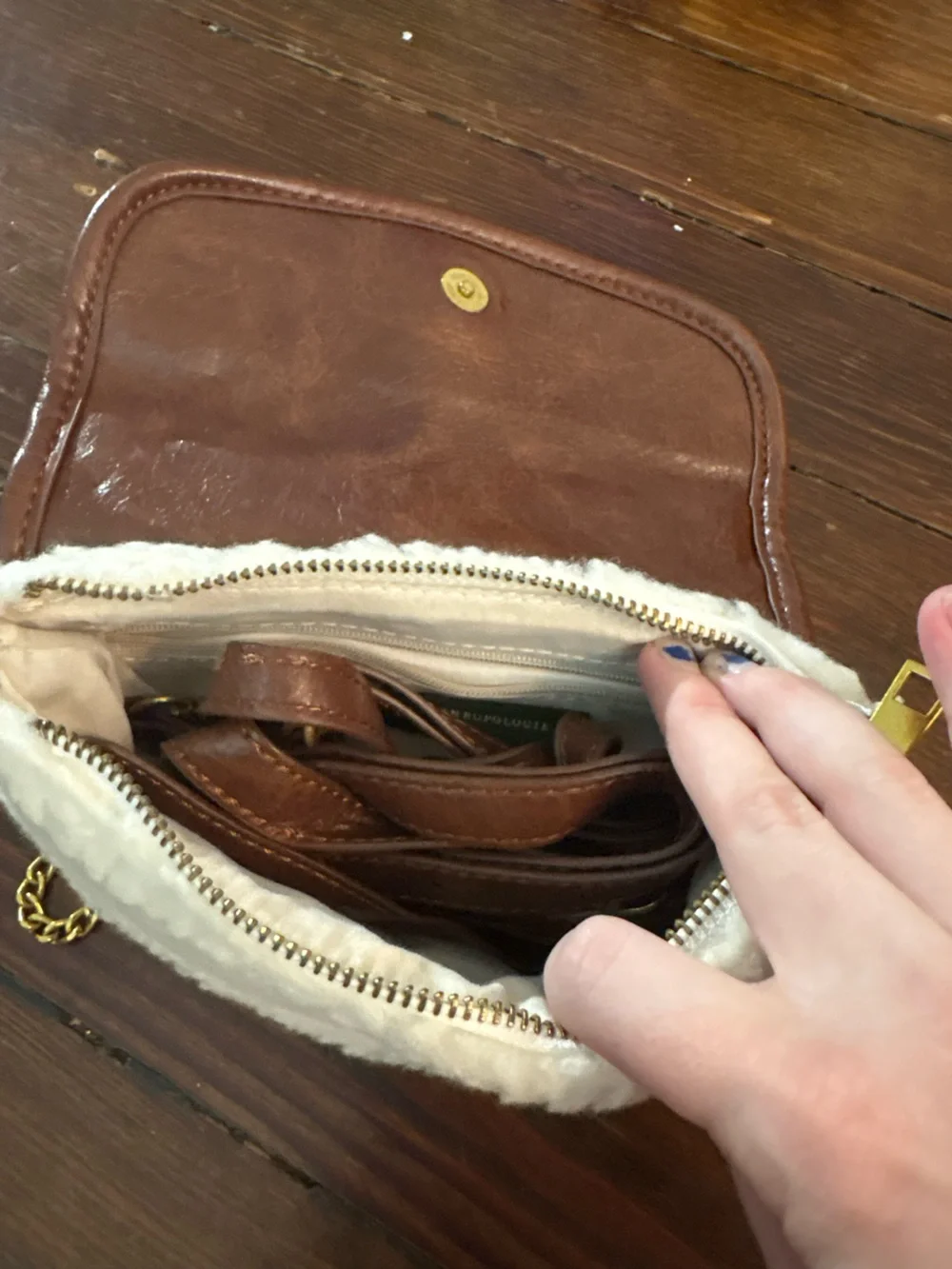 Anthropologie cream brown shearling mini crossbody bag purse handbag